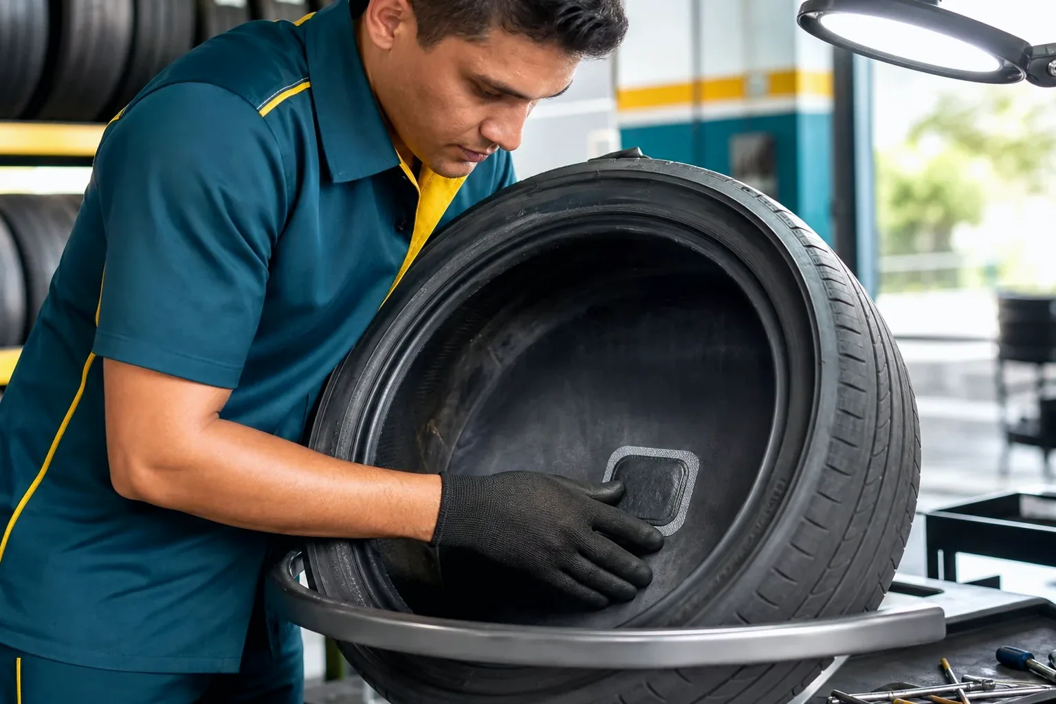 Borracheiro realizando conserto de pneus em ambiente de trabalho.