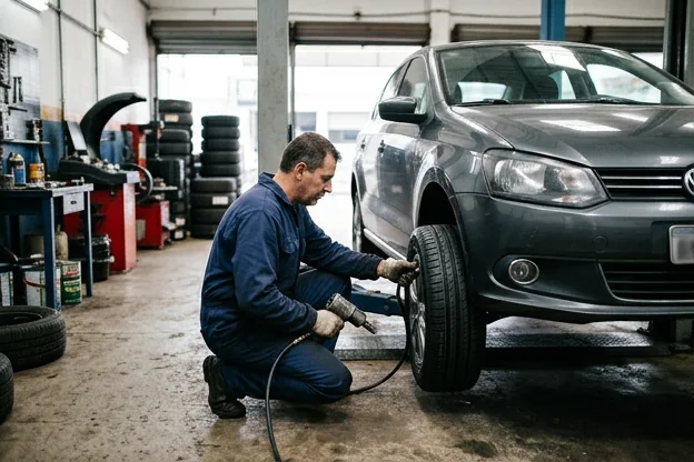 Carro exibindo pneus em ótimo estado, simbolizando cuidados e manutenção.