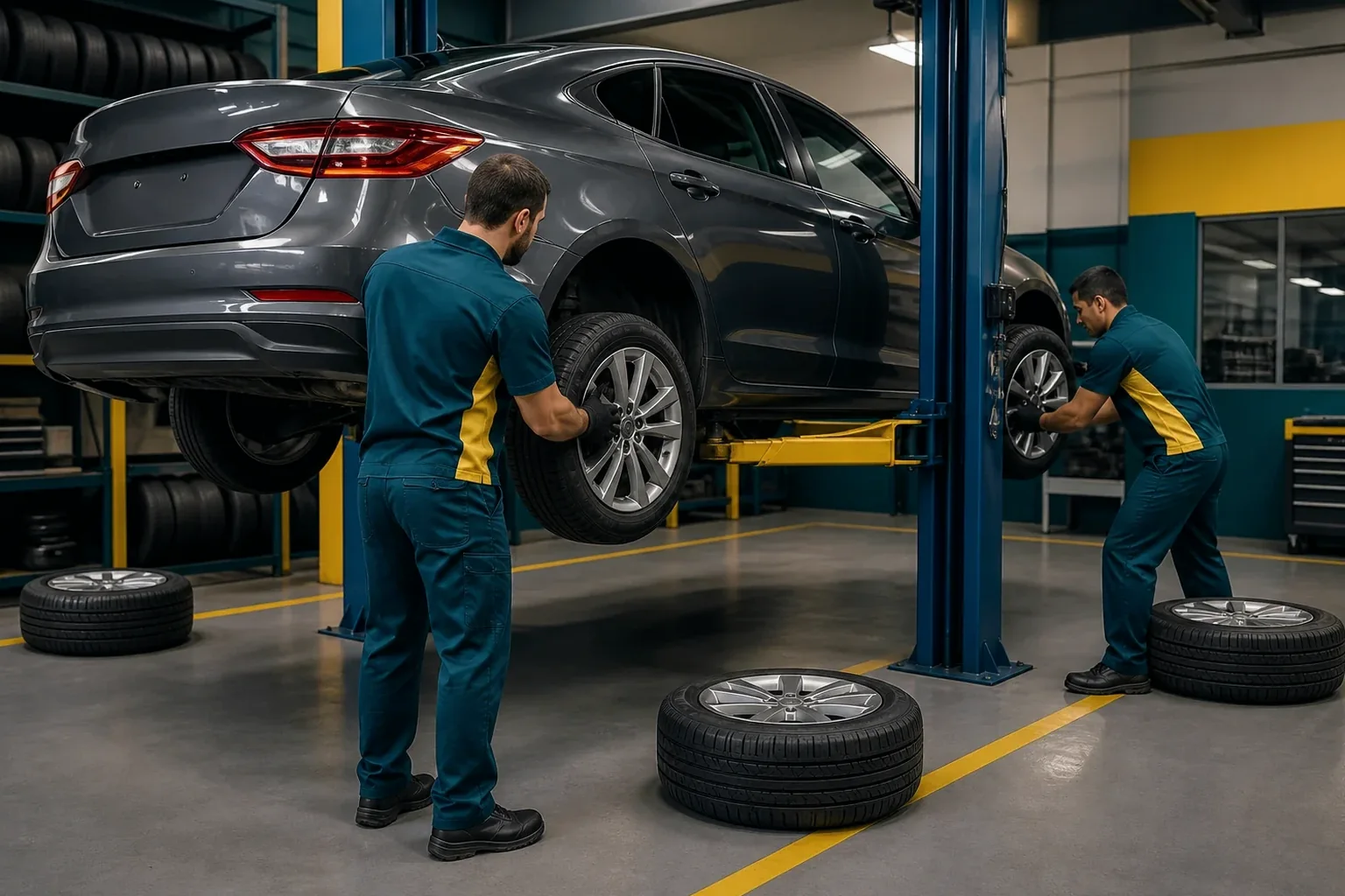 Mecânico realizando rodízio dos pneus de um carro.
