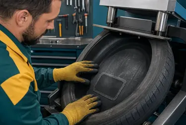 Profissional realizando vulcanização de pneus em oficina.
