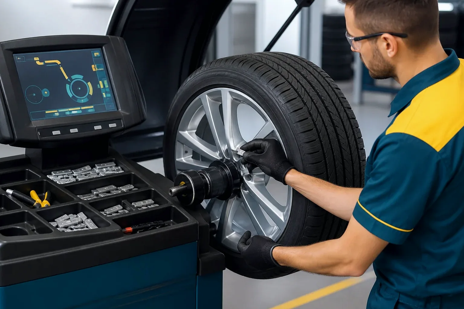 Técnico realizando balanceamento de rodas em oficina.